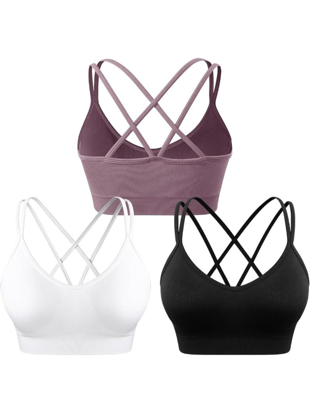 3 Pack Padded Wireless Strappy Cross Back Sports Bras for Women - Comfort